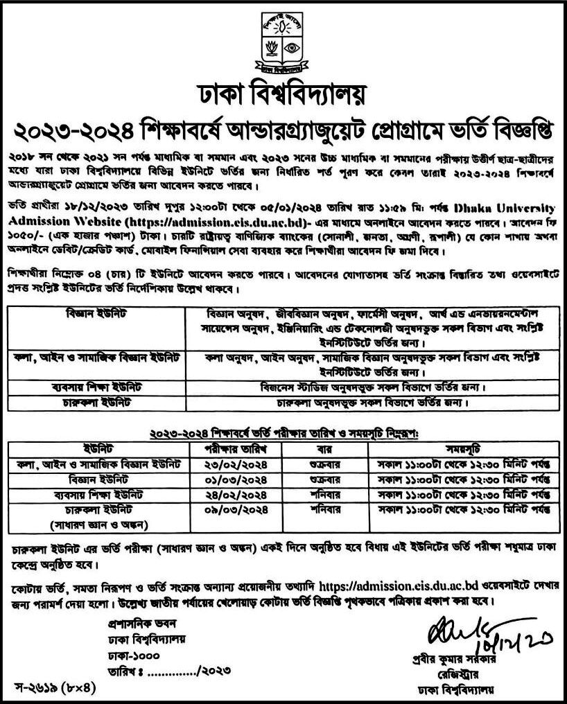 Dhaka University Admission Notice 2024