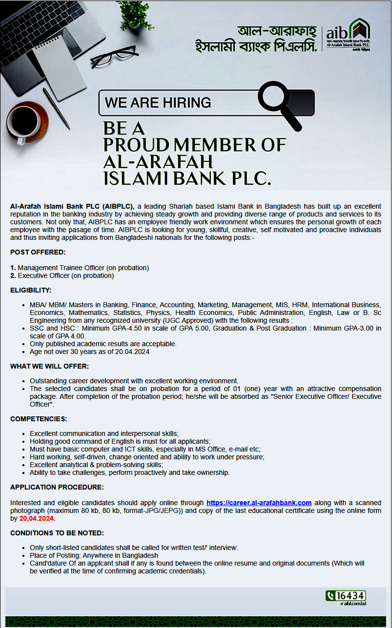 Al-Arafah Islami Bank Job Notice 2024